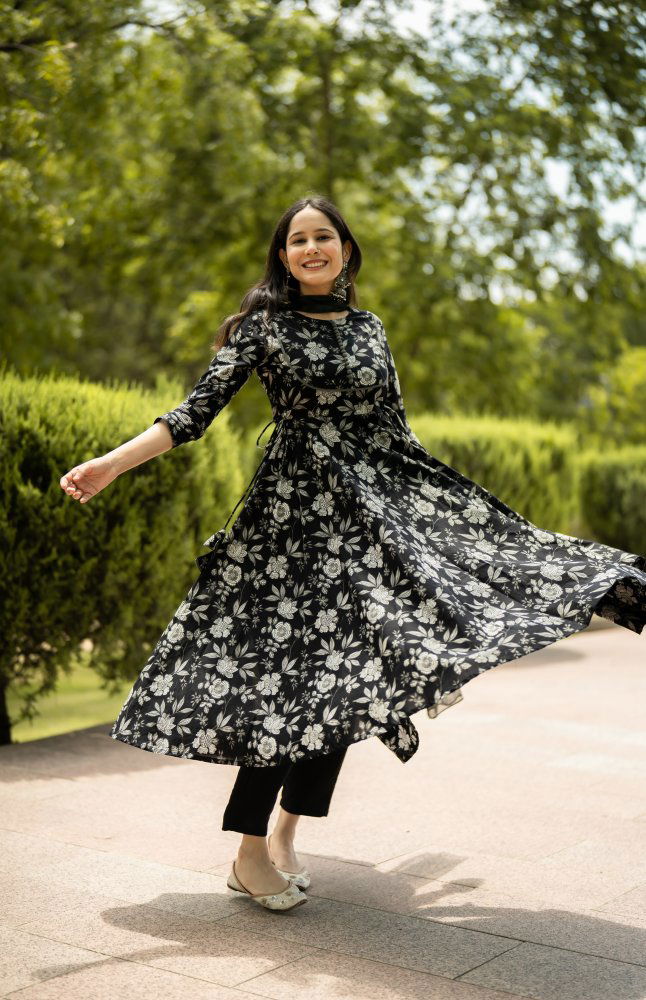 Akshar Designer Cotton Printed Anarkali Kurti With Bottom Dupatta Wholesale Shop In Surat
